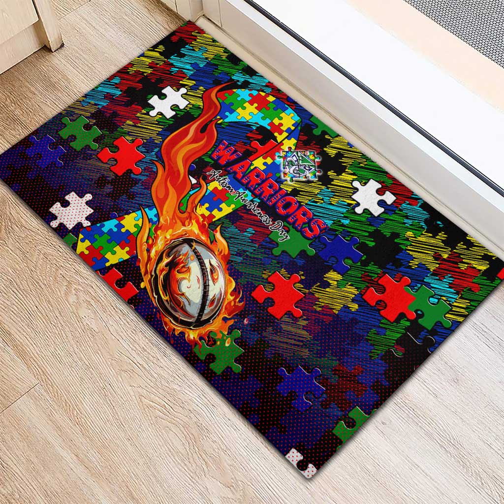 New Zealand Warriors Autism Awareness Rubber Doormat Puzzle Flames Rugby Ball