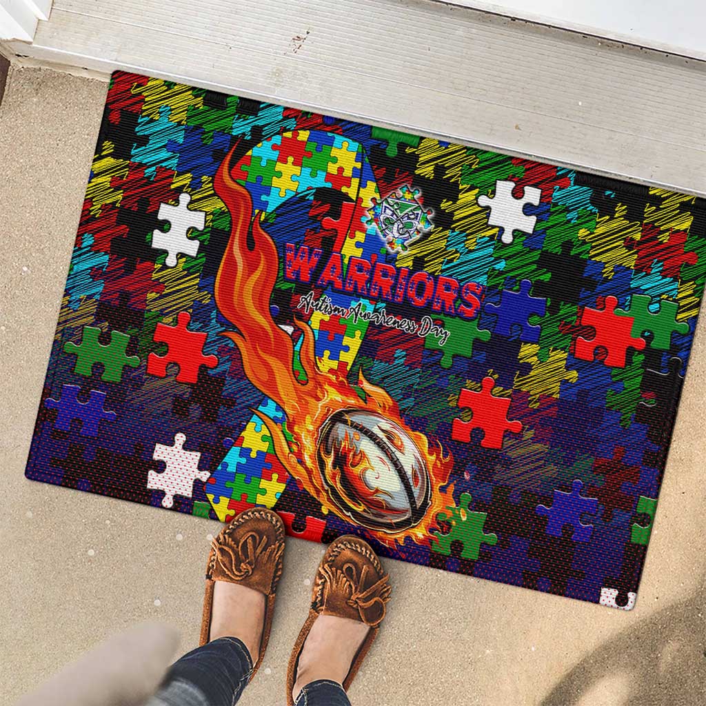New Zealand Warriors Autism Awareness Rubber Doormat Puzzle Flames Rugby Ball