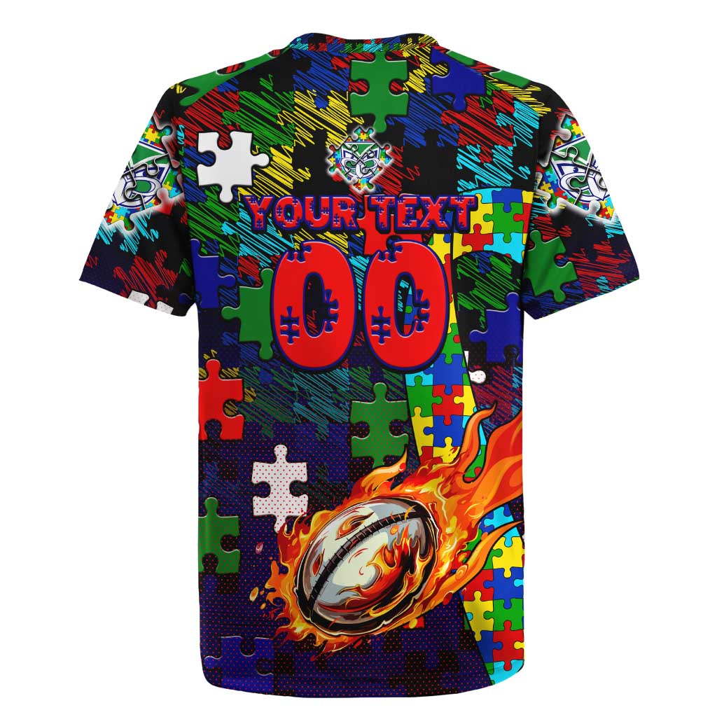 New Zealand Warriors Autism Awareness Rugby Jersey Puzzle Flames Rugby Ball