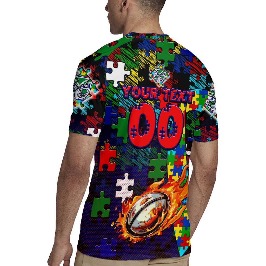 New Zealand Warriors Autism Awareness Rugby Jersey Puzzle Flames Rugby Ball