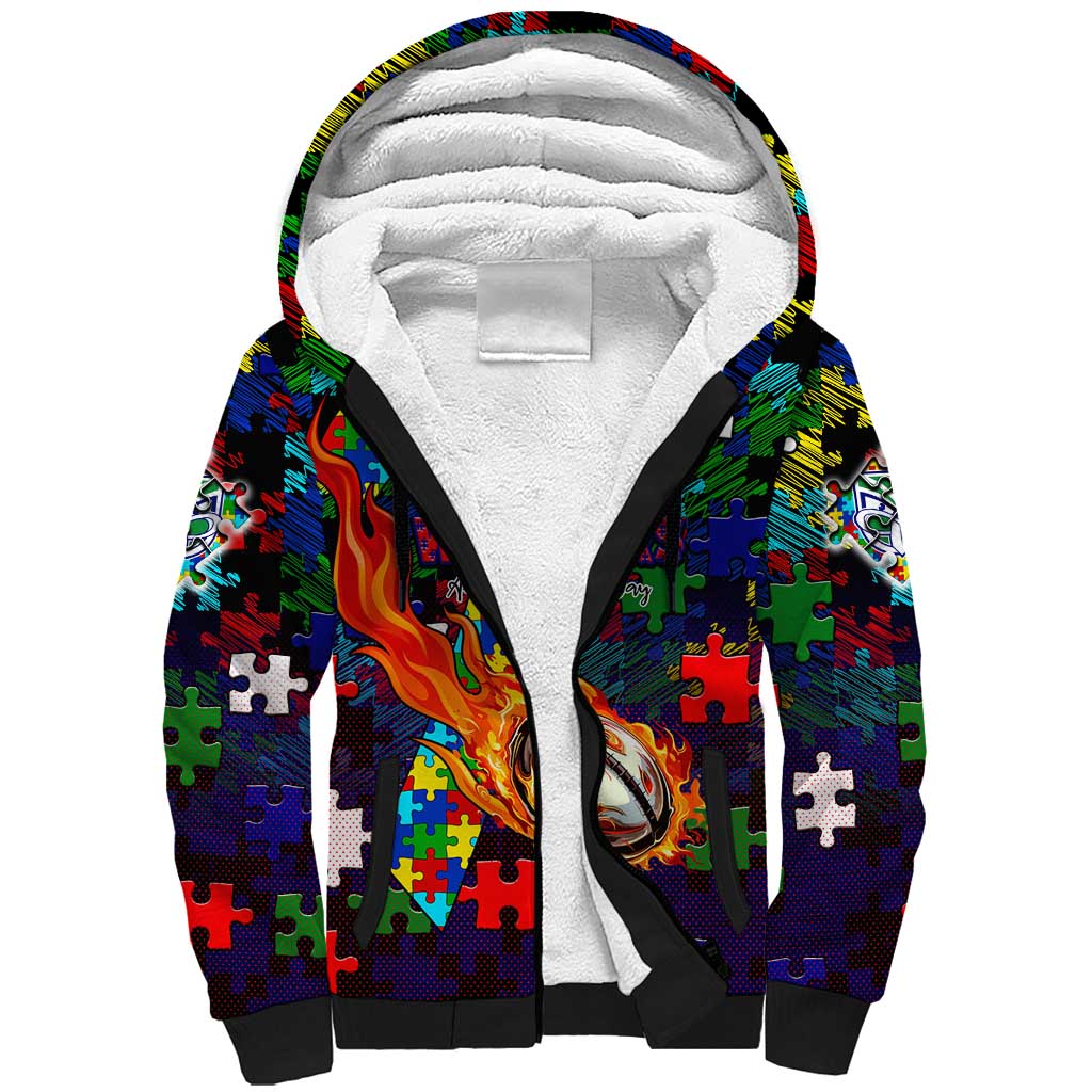 New Zealand Warriors Autism Awareness Sherpa Hoodie Puzzle Flames Rugby Ball