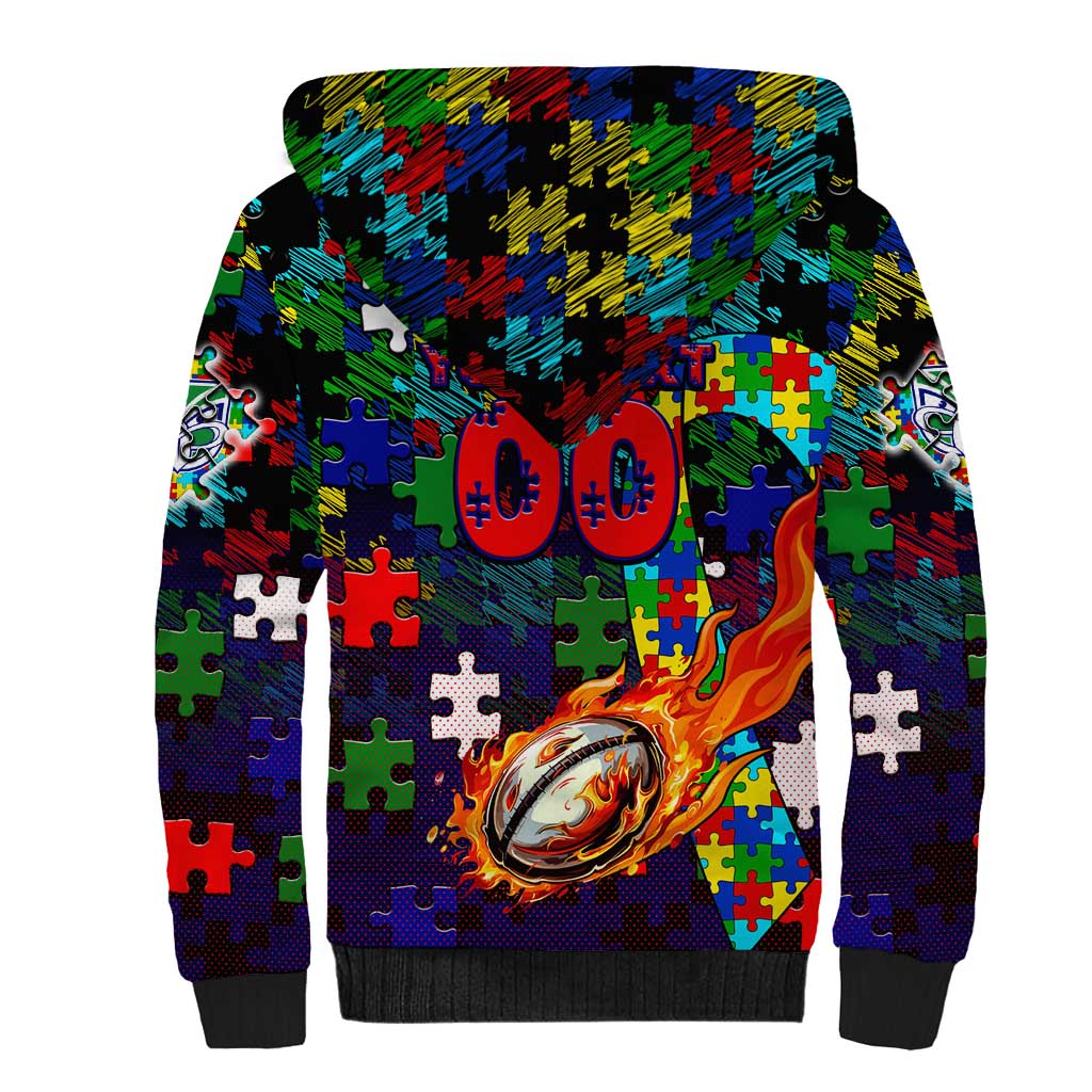 New Zealand Warriors Autism Awareness Sherpa Hoodie Puzzle Flames Rugby Ball