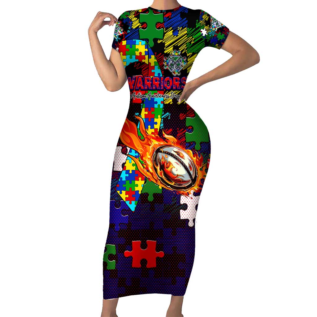 New Zealand Warriors Autism Awareness Short Sleeve Bodycon Dress Puzzle Flames Rugby Ball