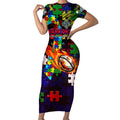 New Zealand Warriors Autism Awareness Short Sleeve Bodycon Dress Puzzle Flames Rugby Ball