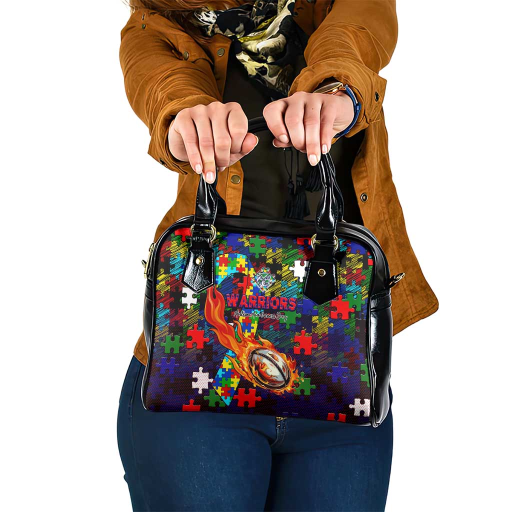 New Zealand Warriors Autism Awareness Shoulder Handbag Puzzle Flames Rugby Ball