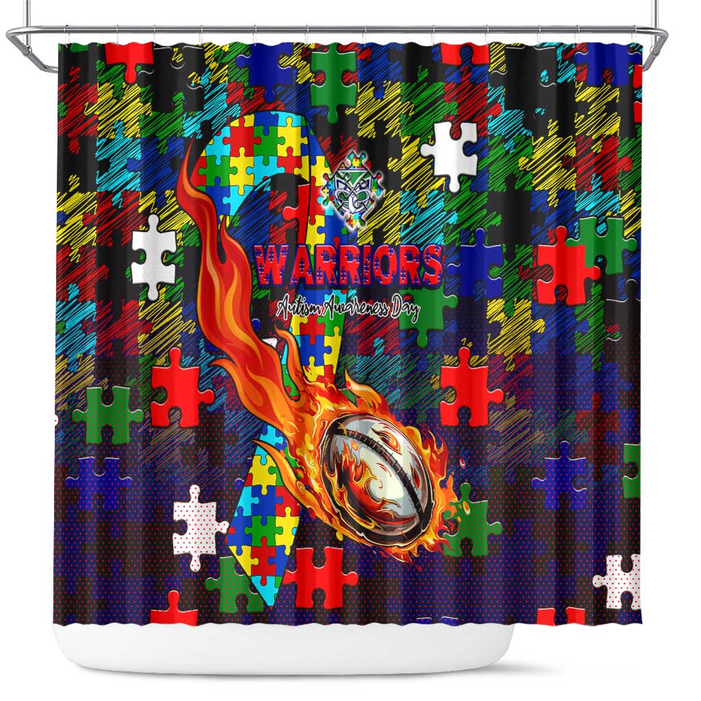 New Zealand Warriors Autism Awareness Shower Curtain Puzzle Flames Rugby Ball