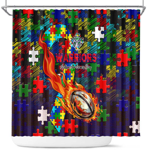 New Zealand Warriors Autism Awareness Shower Curtain Puzzle Flames Rugby Ball