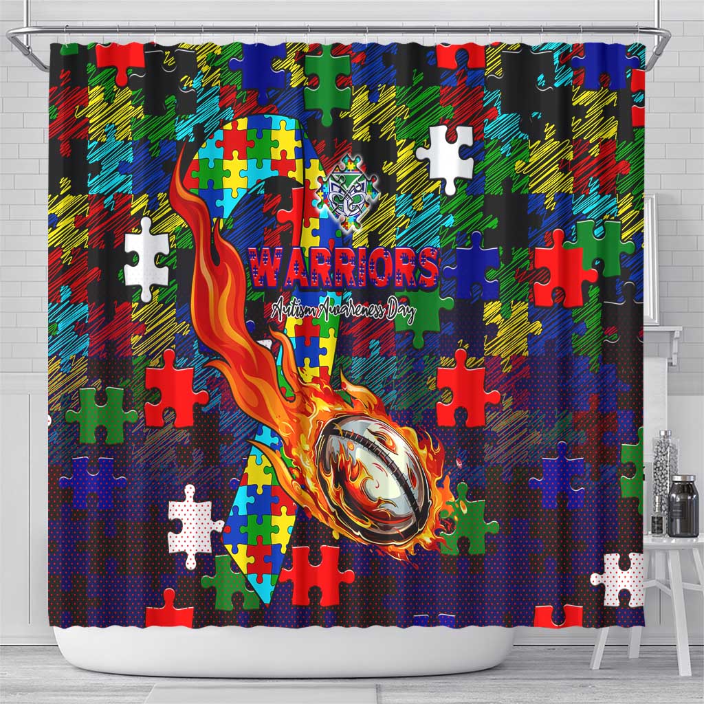 New Zealand Warriors Autism Awareness Shower Curtain Puzzle Flames Rugby Ball