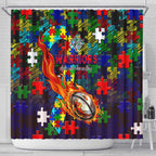 New Zealand Warriors Autism Awareness Shower Curtain Puzzle Flames Rugby Ball