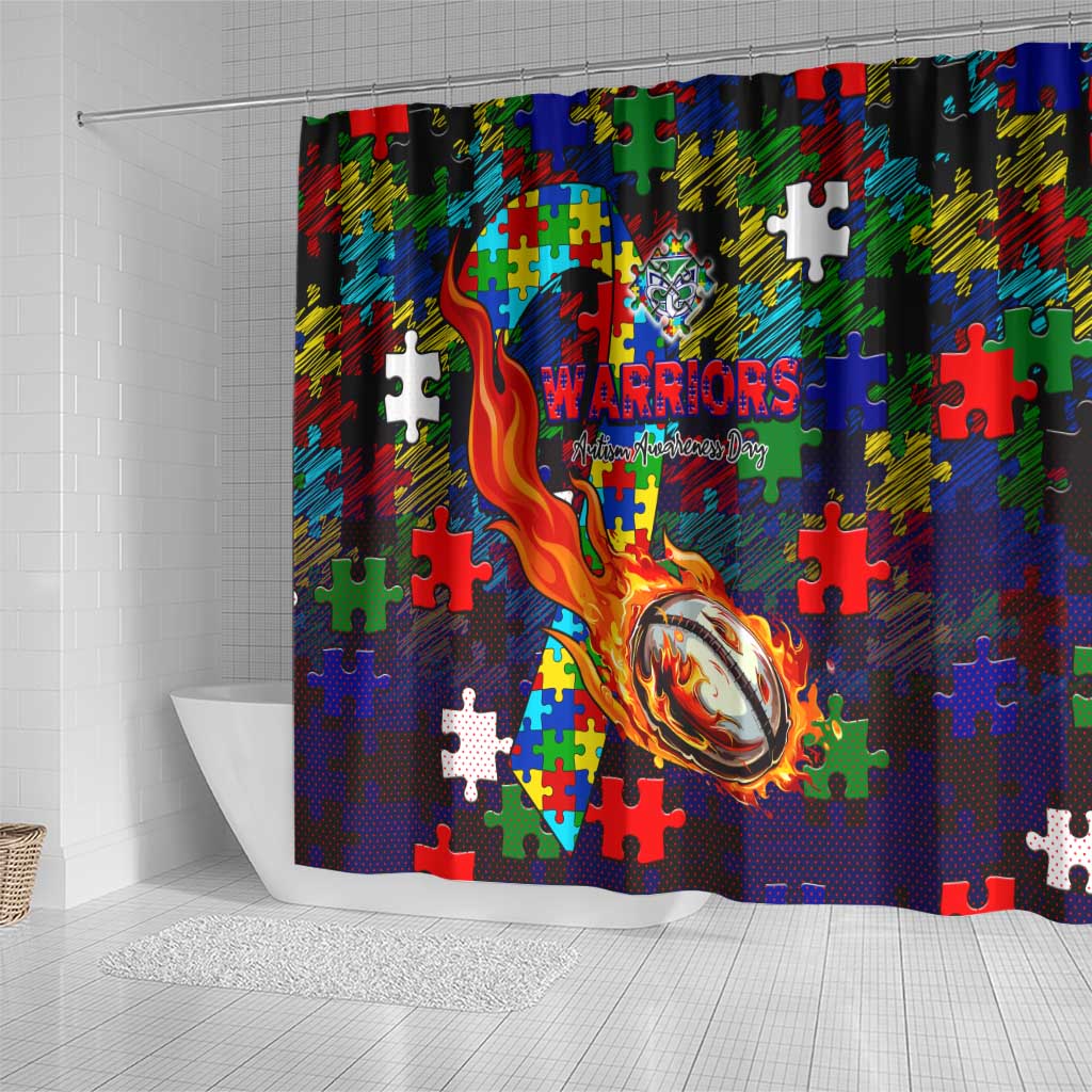 New Zealand Warriors Autism Awareness Shower Curtain Puzzle Flames Rugby Ball