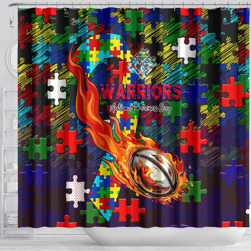 New Zealand Warriors Autism Awareness Shower Curtain Puzzle Flames Rugby Ball