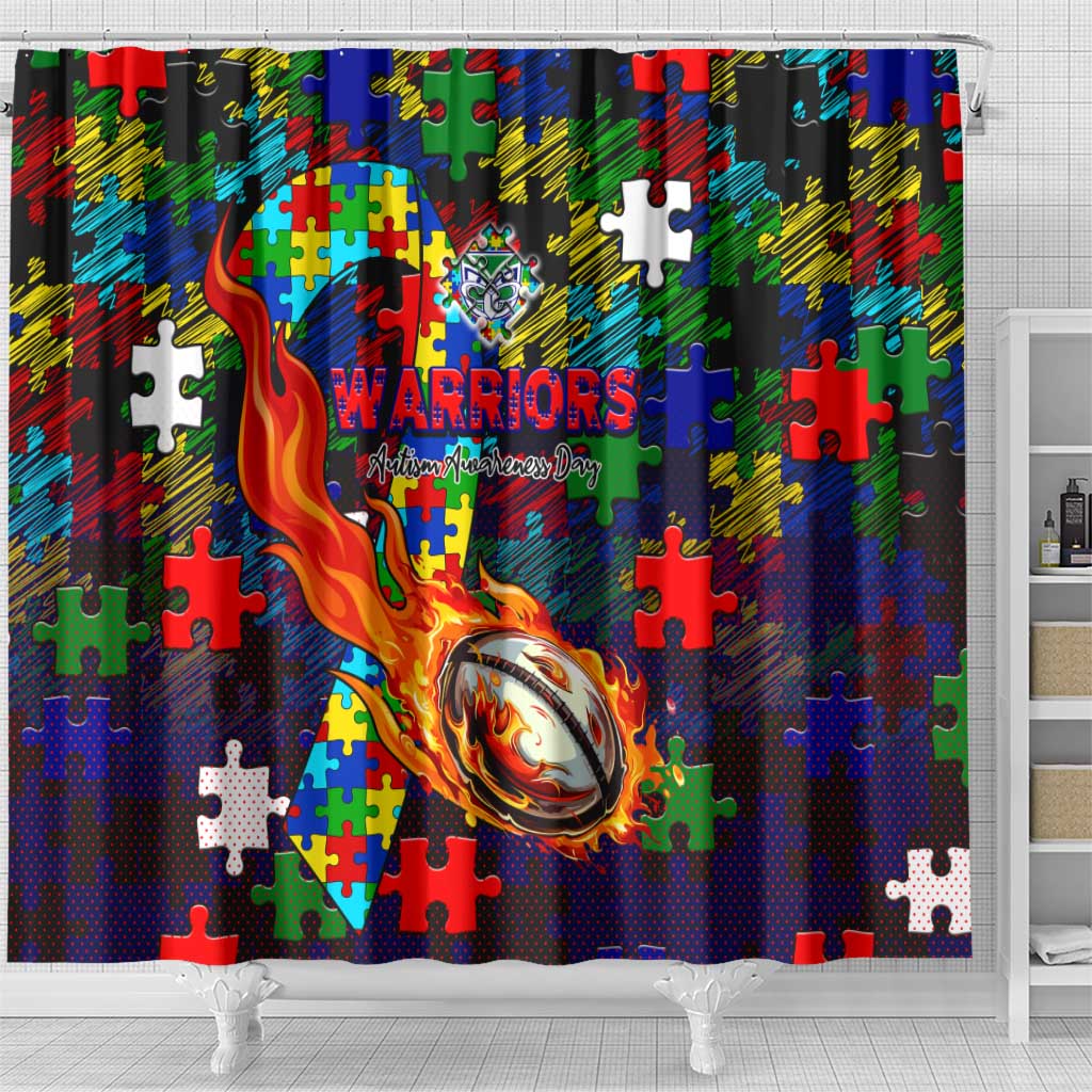 New Zealand Warriors Autism Awareness Shower Curtain Puzzle Flames Rugby Ball