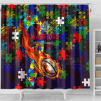 New Zealand Warriors Autism Awareness Shower Curtain Puzzle Flames Rugby Ball