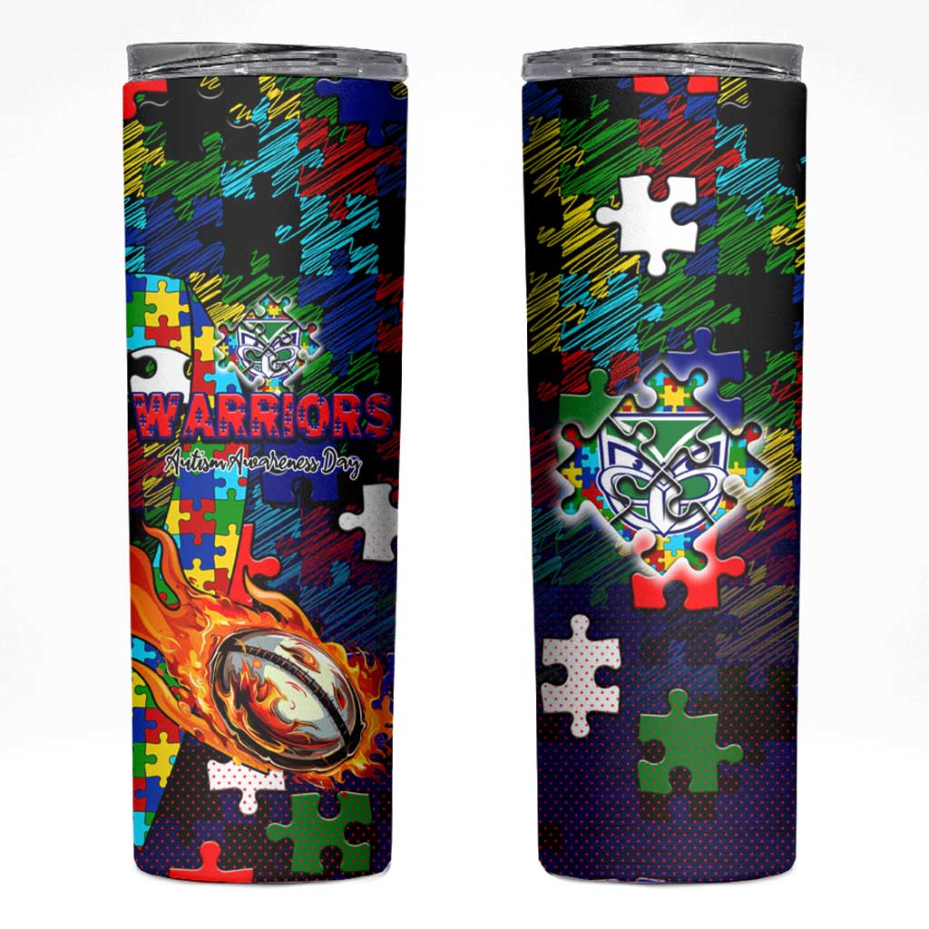 New Zealand Warriors Autism Awareness Skinny Tumbler Puzzle Flames Rugby Ball