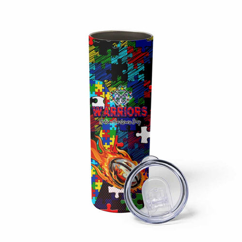 New Zealand Warriors Autism Awareness Skinny Tumbler Puzzle Flames Rugby Ball