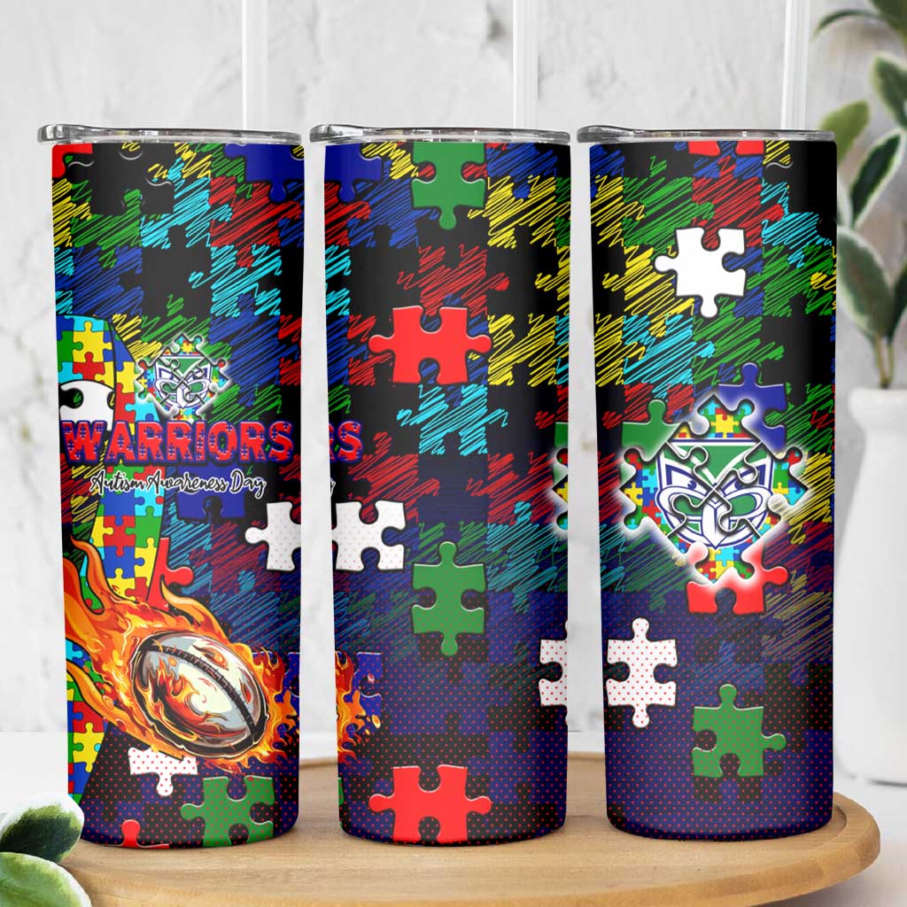 New Zealand Warriors Autism Awareness Skinny Tumbler Puzzle Flames Rugby Ball