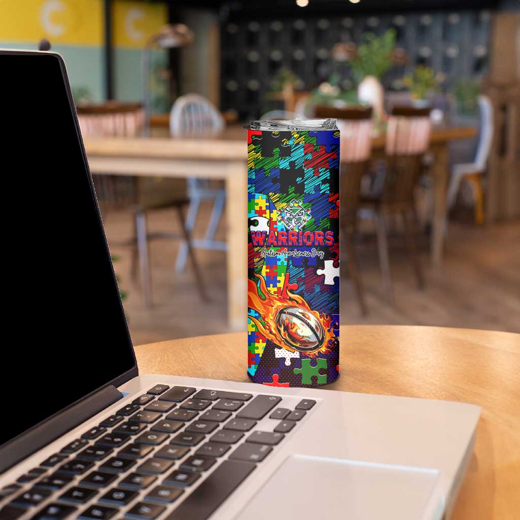 New Zealand Warriors Autism Awareness Skinny Tumbler Puzzle Flames Rugby Ball