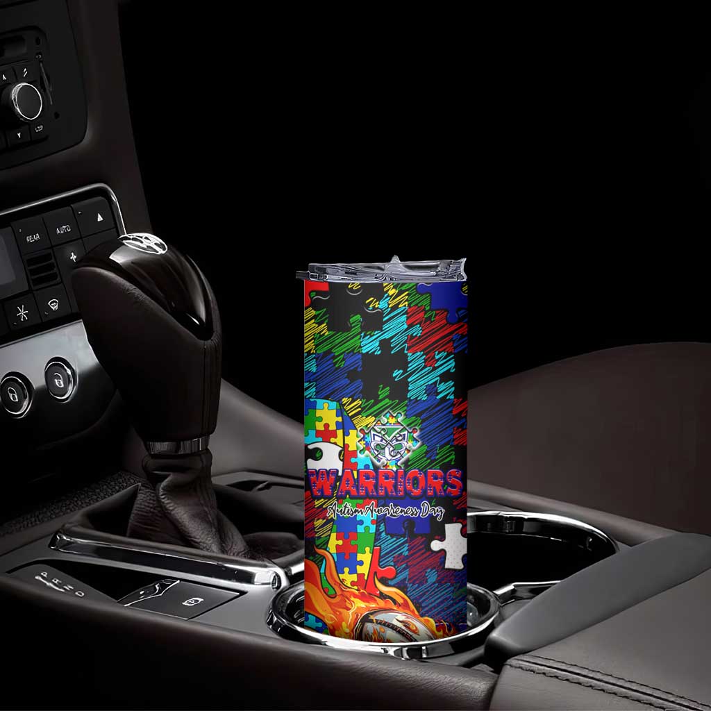 New Zealand Warriors Autism Awareness Skinny Tumbler Puzzle Flames Rugby Ball