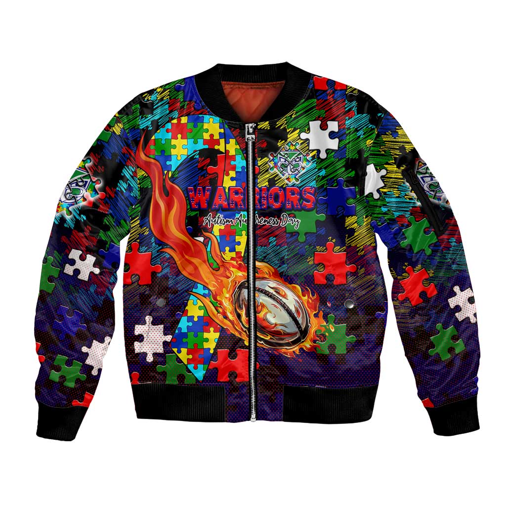 New Zealand Warriors Autism Awareness Sleeve Zip Bomber Jacket Puzzle Flames Rugby Ball