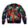 New Zealand Warriors Autism Awareness Sleeve Zip Bomber Jacket Puzzle Flames Rugby Ball