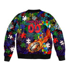 New Zealand Warriors Autism Awareness Sleeve Zip Bomber Jacket Puzzle Flames Rugby Ball