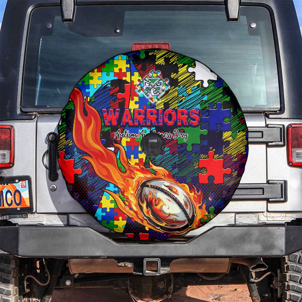 New Zealand Warriors Autism Awareness Spare Tire Cover Puzzle Flames Rugby Ball