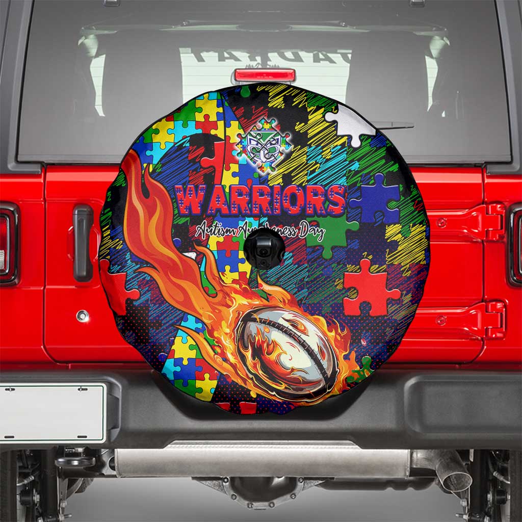 New Zealand Warriors Autism Awareness Spare Tire Cover Puzzle Flames Rugby Ball