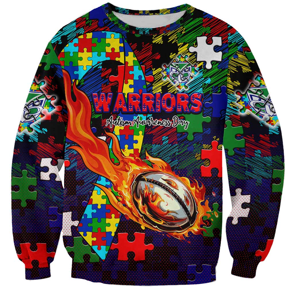 New Zealand Warriors Autism Awareness Sweatshirt Puzzle Flames Rugby Ball