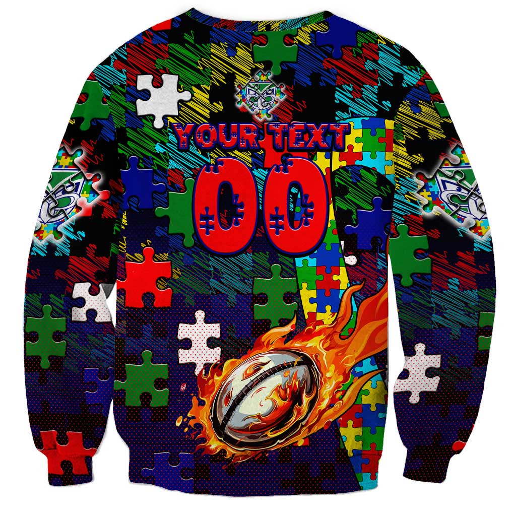 New Zealand Warriors Autism Awareness Sweatshirt Puzzle Flames Rugby Ball