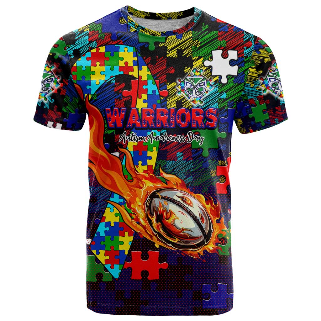 New Zealand Warriors Autism Awareness T Shirt Puzzle Flames Rugby Ball