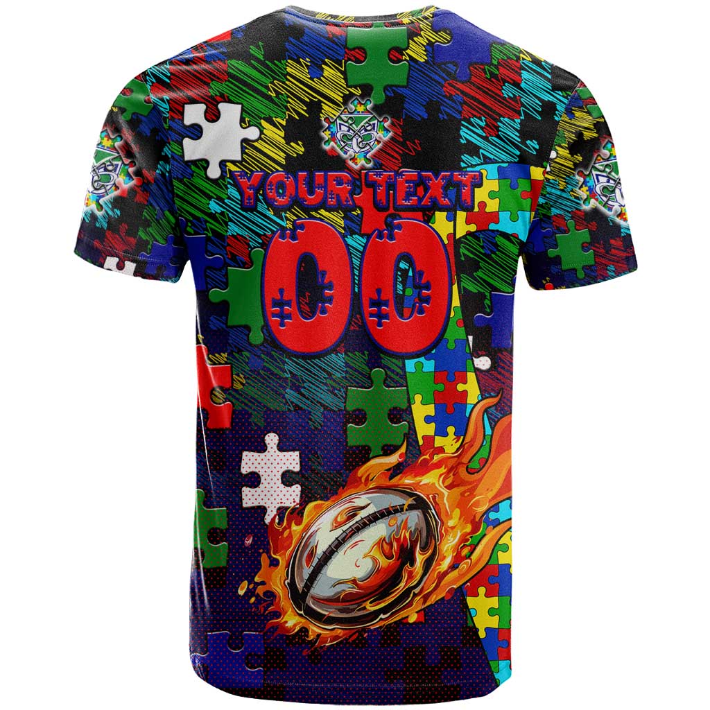 New Zealand Warriors Autism Awareness T Shirt Puzzle Flames Rugby Ball