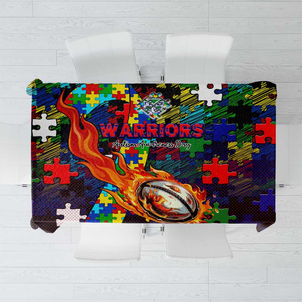 New Zealand Warriors Autism Awareness Tablecloth Puzzle Flames Rugby Ball