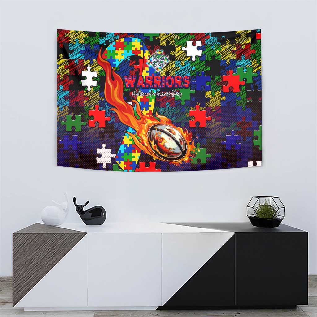 New Zealand Warriors Autism Awareness Tapestry Puzzle Flames Rugby Ball