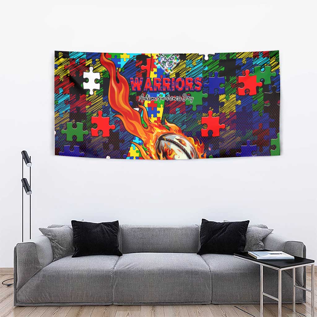 New Zealand Warriors Autism Awareness Tapestry Puzzle Flames Rugby Ball