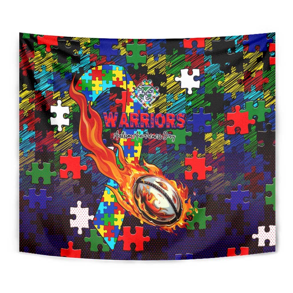 New Zealand Warriors Autism Awareness Tapestry Puzzle Flames Rugby Ball