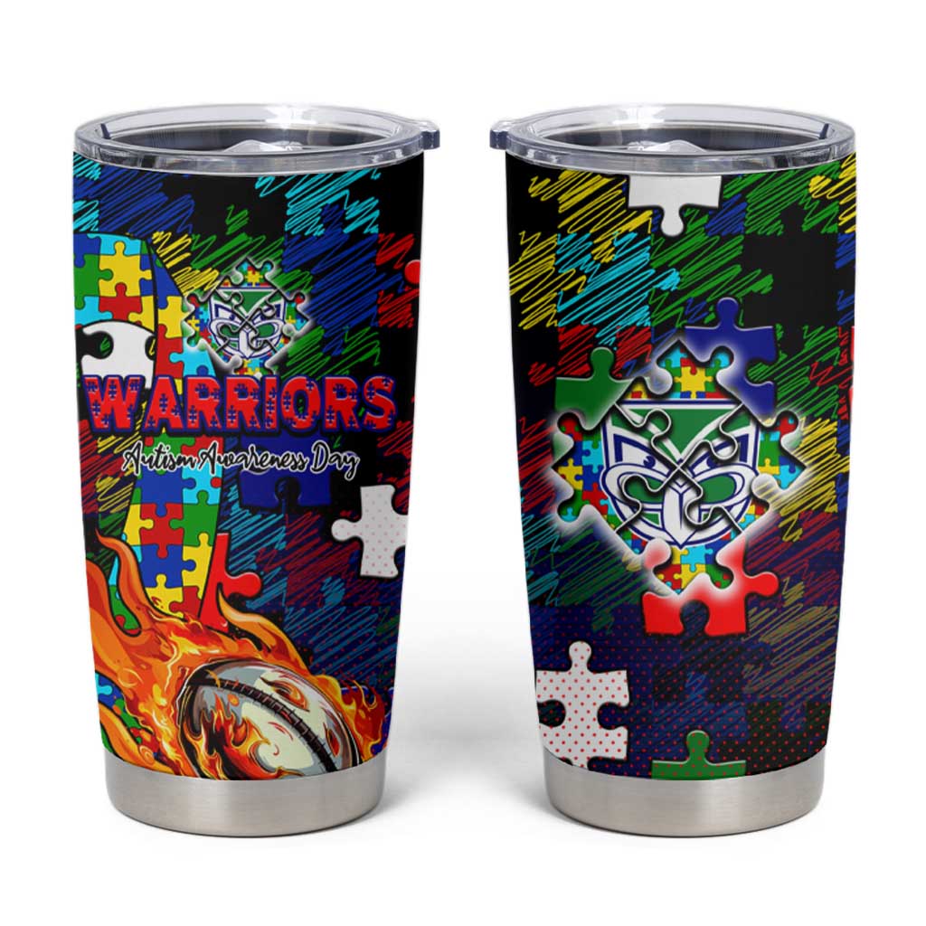New Zealand Warriors Autism Awareness Tumbler Cup Puzzle Flames Rugby Ball