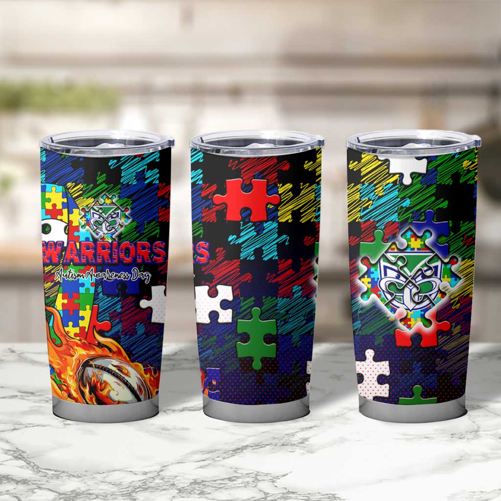 New Zealand Warriors Autism Awareness Tumbler Cup Puzzle Flames Rugby Ball