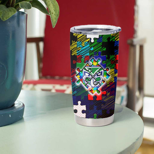 New Zealand Warriors Autism Awareness Tumbler Cup Puzzle Flames Rugby Ball