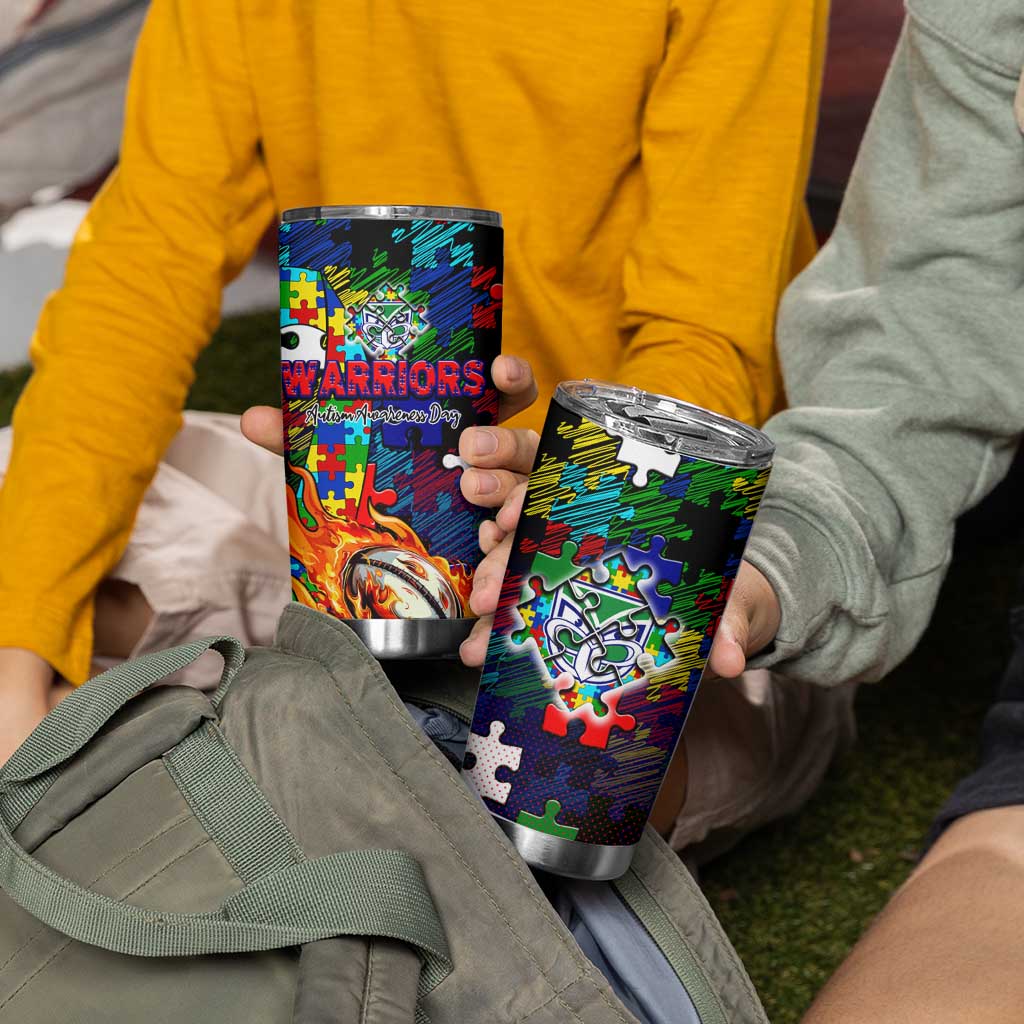 New Zealand Warriors Autism Awareness Tumbler Cup Puzzle Flames Rugby Ball