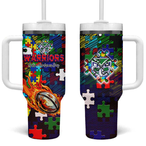 New Zealand Warriors Autism Awareness Tumbler With Handle Puzzle Flames Rugby Ball