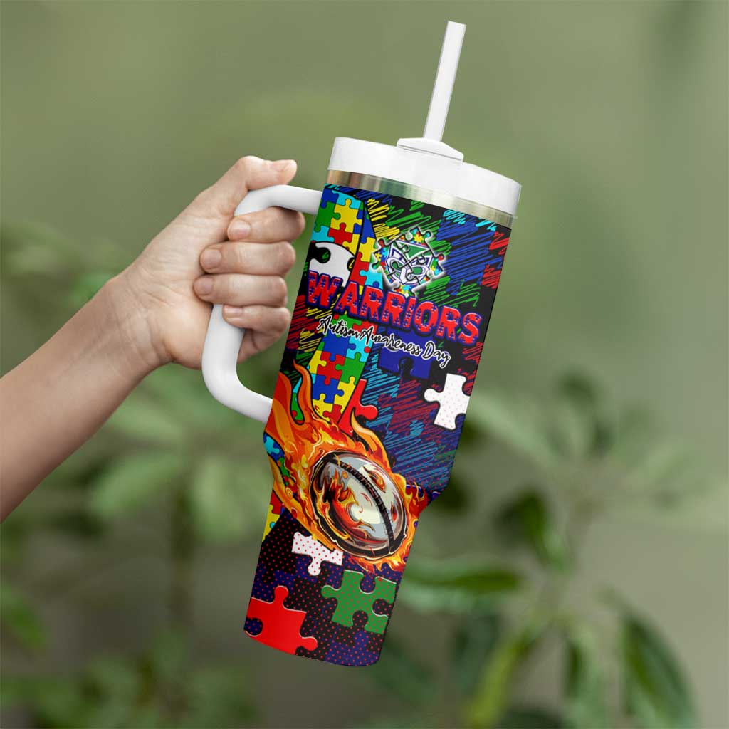 New Zealand Warriors Autism Awareness Tumbler With Handle Puzzle Flames Rugby Ball