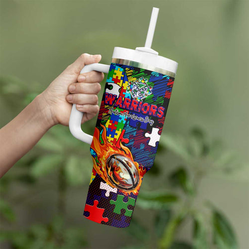 New Zealand Warriors Autism Awareness Tumbler With Handle Puzzle Flames Rugby Ball