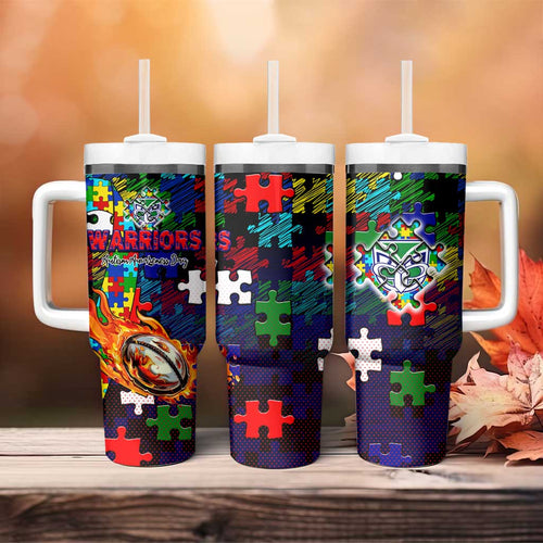 New Zealand Warriors Autism Awareness Tumbler With Handle Puzzle Flames Rugby Ball