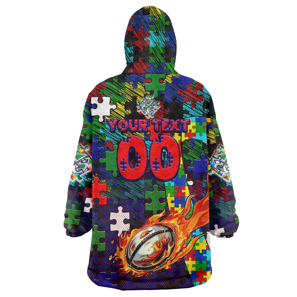 New Zealand Warriors Autism Awareness Wearable Blanket Hoodie Puzzle Flames Rugby Ball