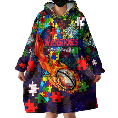 New Zealand Warriors Autism Awareness Wearable Blanket Hoodie Puzzle Flames Rugby Ball