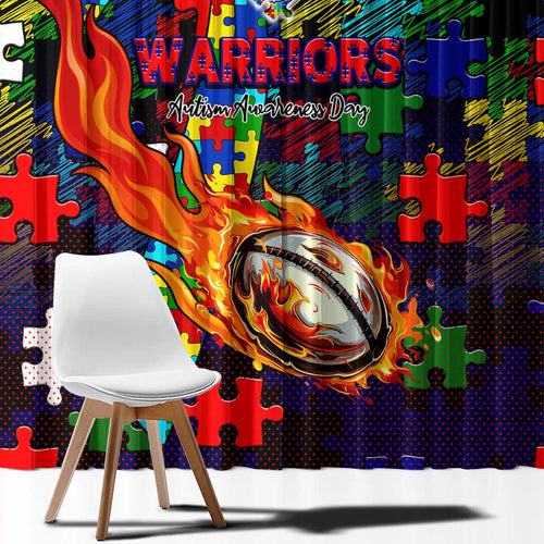 New Zealand Warriors Autism Awareness Window Curtain Puzzle Flames Rugby Ball