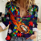 New Zealand Warriors Autism Awareness Women Casual Shirt Puzzle Flames Rugby Ball