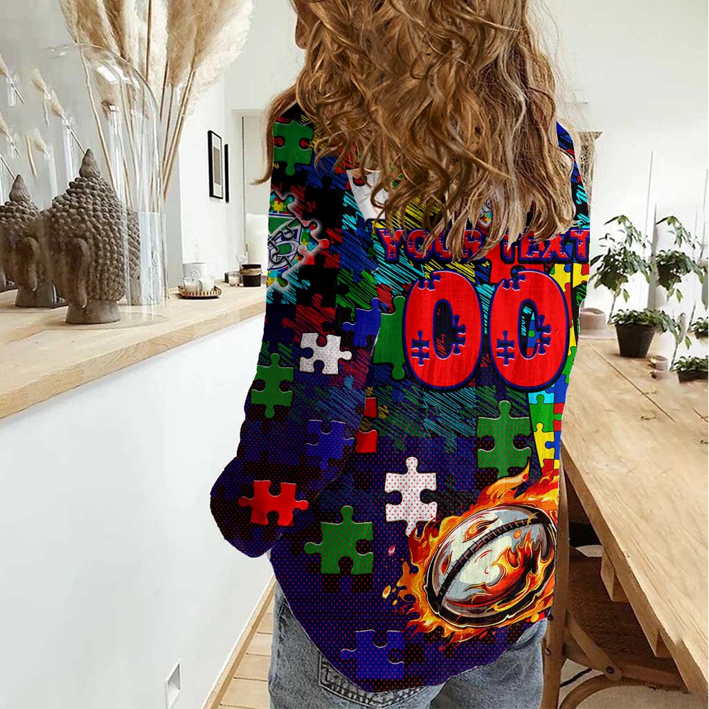 New Zealand Warriors Autism Awareness Women Casual Shirt Puzzle Flames Rugby Ball