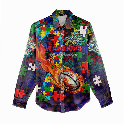 New Zealand Warriors Autism Awareness Women Casual Shirt Puzzle Flames Rugby Ball