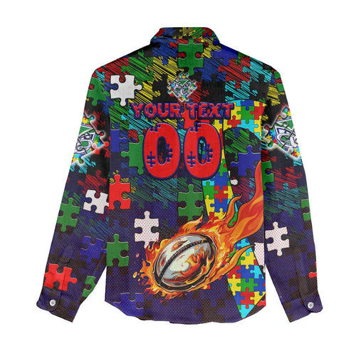 New Zealand Warriors Autism Awareness Women Casual Shirt Puzzle Flames Rugby Ball